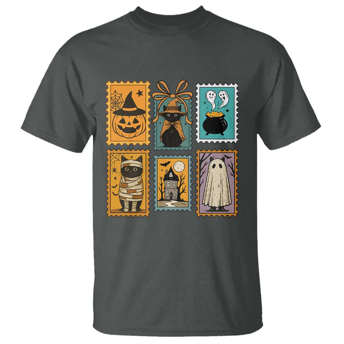 Black Cat Pumpkin T Shirt Retro Halloween Ghots Cat Stamp - Wonder Print Shop