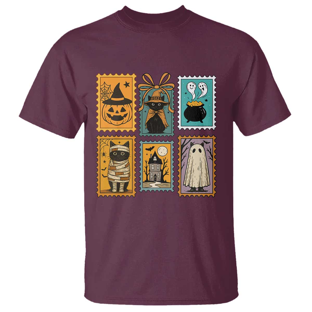 Black Cat Pumpkin T Shirt Retro Halloween Ghots Cat Stamp - Wonder Print Shop