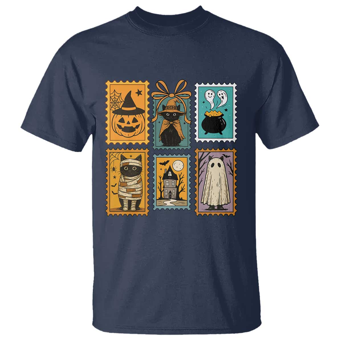 Black Cat Pumpkin T Shirt Retro Halloween Ghots Cat Stamp - Wonder Print Shop