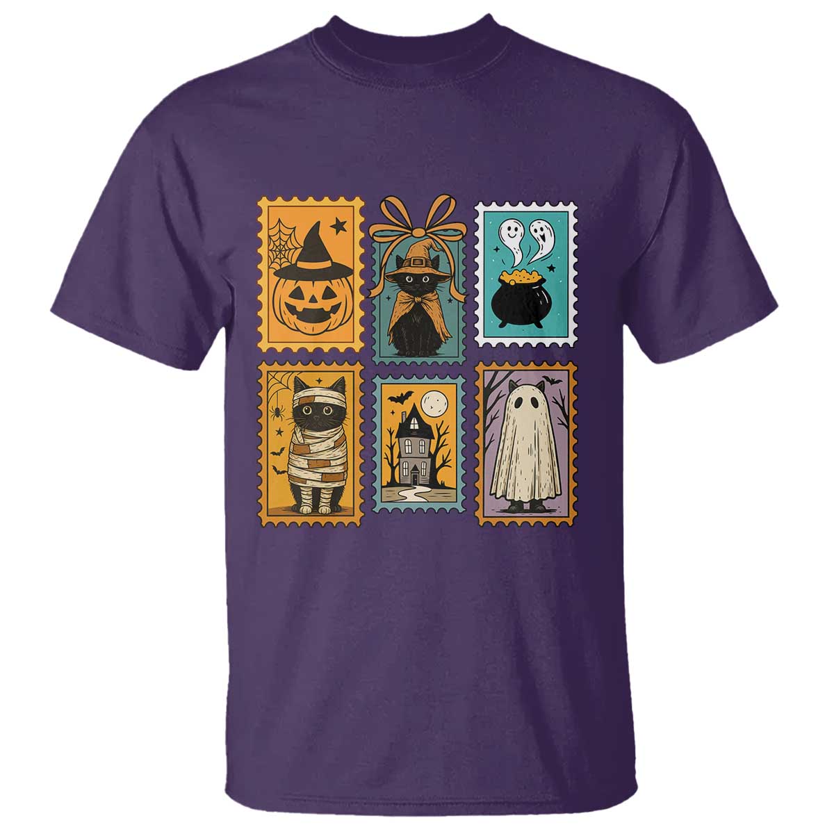 Black Cat Pumpkin T Shirt Retro Halloween Ghots Cat Stamp - Wonder Print Shop