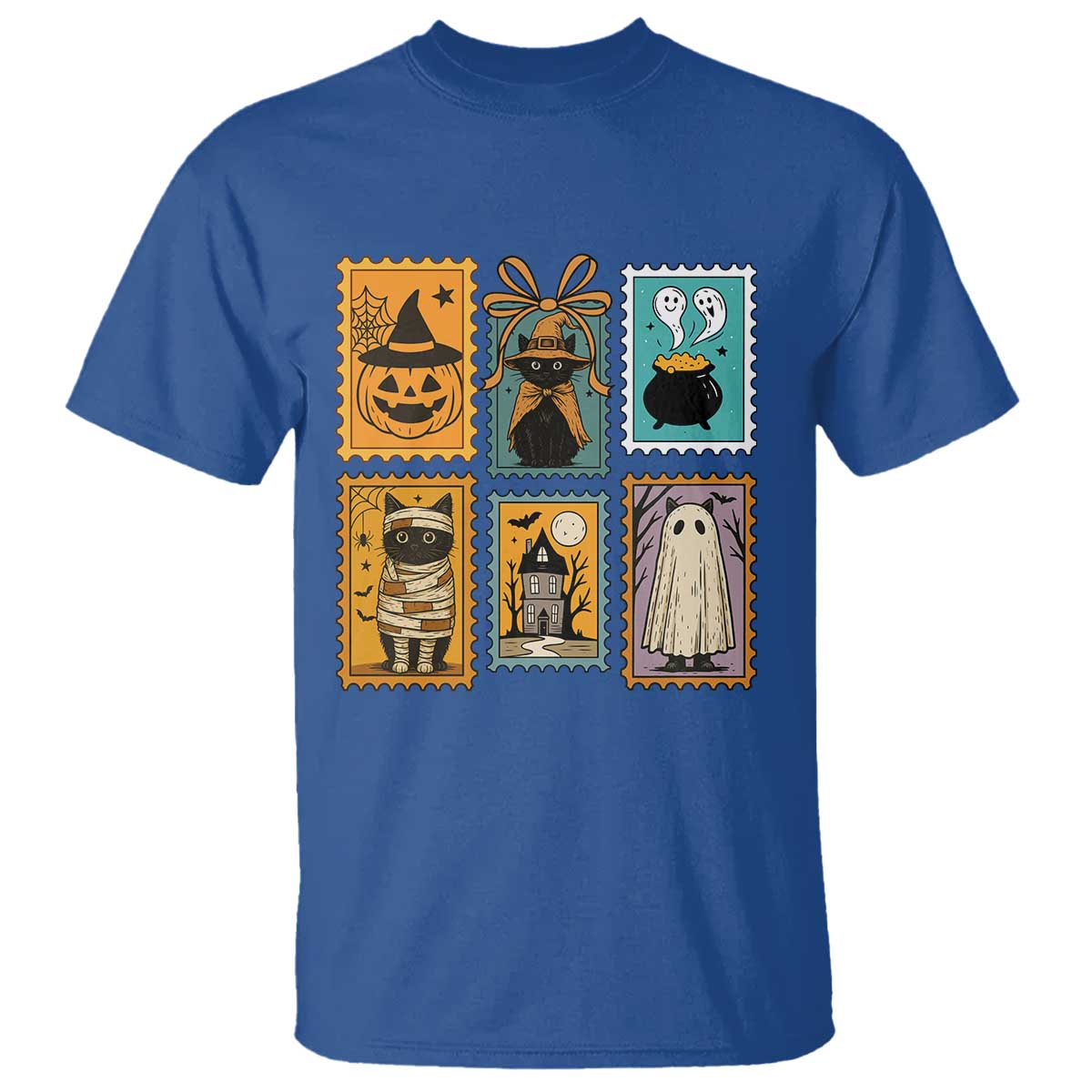 Black Cat Pumpkin T Shirt Retro Halloween Ghots Cat Stamp - Wonder Print Shop