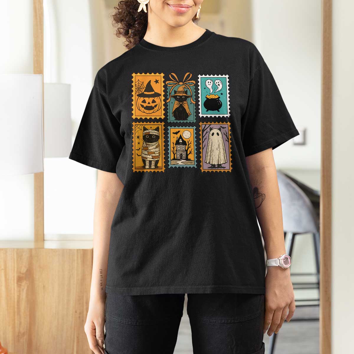Black Cat Pumpkin T Shirt For Women Retro Halloween Ghots Cat Stamp - Wonder Print Shop