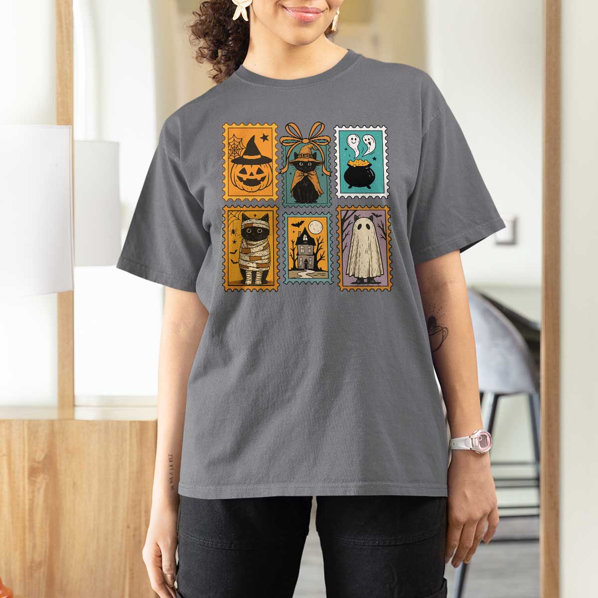 Black Cat Pumpkin T Shirt For Women Retro Halloween Ghots Cat Stamp - Wonder Print Shop