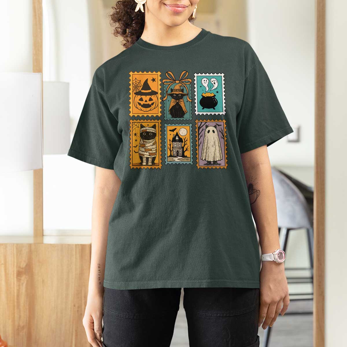 Black Cat Pumpkin T Shirt For Women Retro Halloween Ghots Cat Stamp - Wonder Print Shop