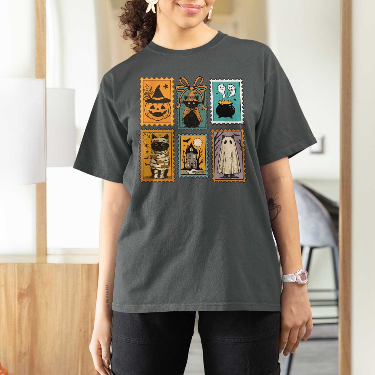 Black Cat Pumpkin T Shirt For Women Retro Halloween Ghots Cat Stamp - Wonder Print Shop