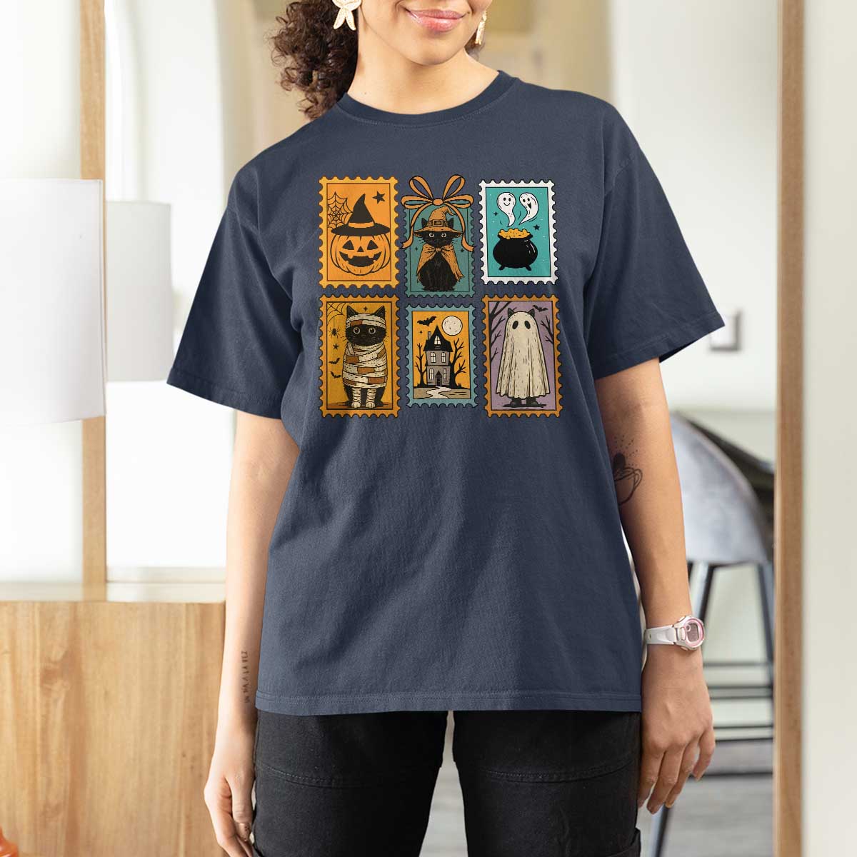 Black Cat Pumpkin T Shirt For Women Retro Halloween Ghots Cat Stamp - Wonder Print Shop