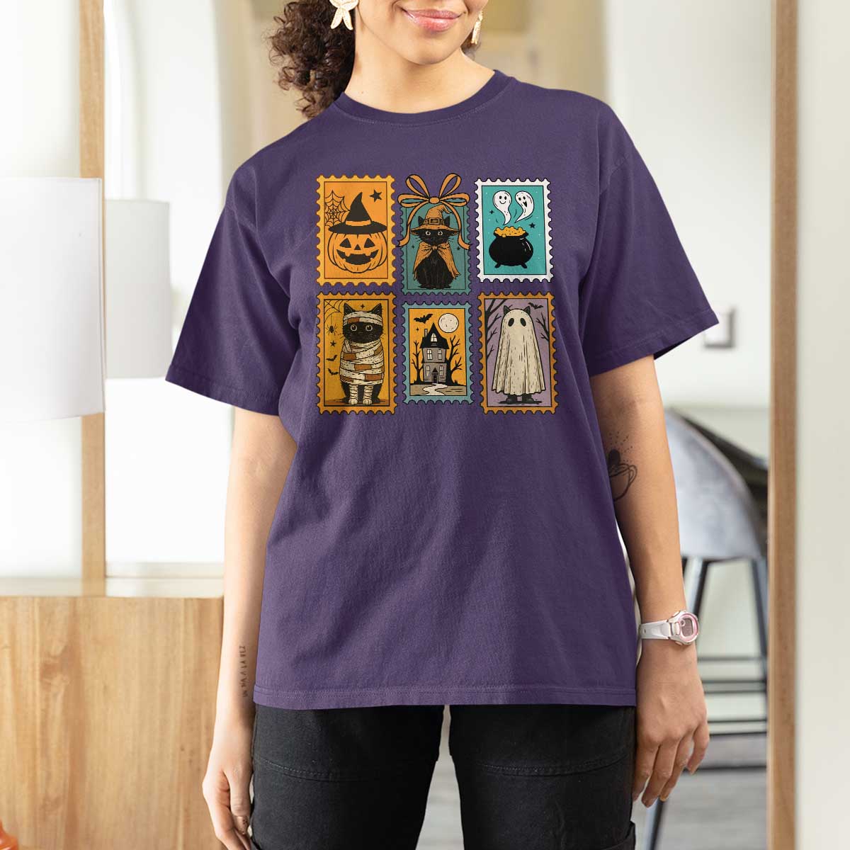Black Cat Pumpkin T Shirt For Women Retro Halloween Ghots Cat Stamp - Wonder Print Shop