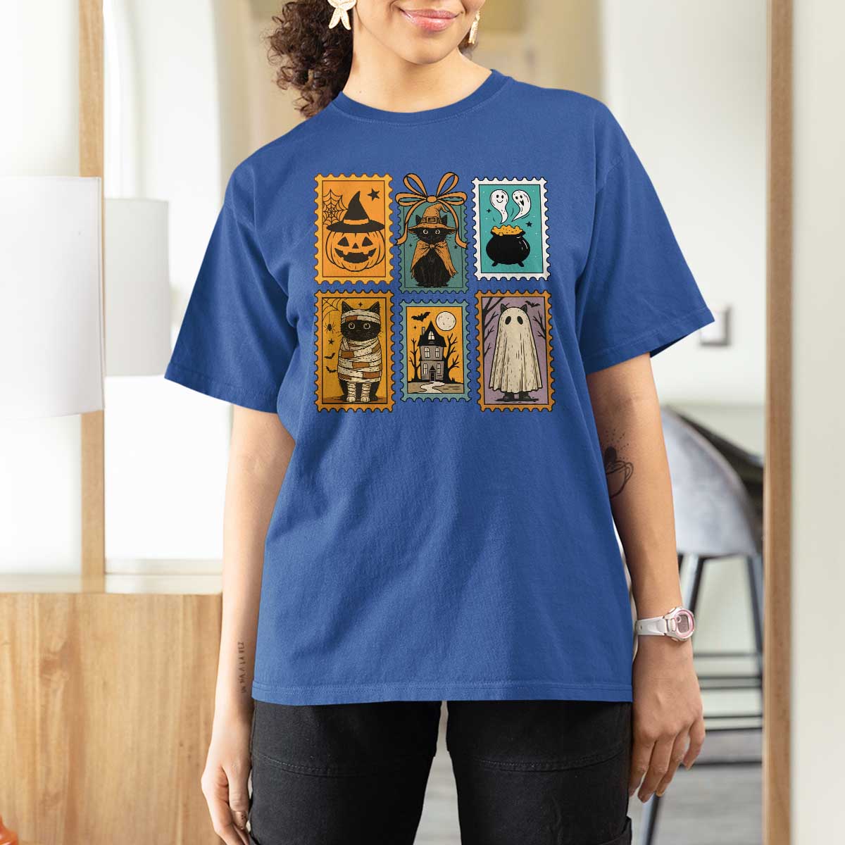 Black Cat Pumpkin T Shirt For Women Retro Halloween Ghots Cat Stamp - Wonder Print Shop