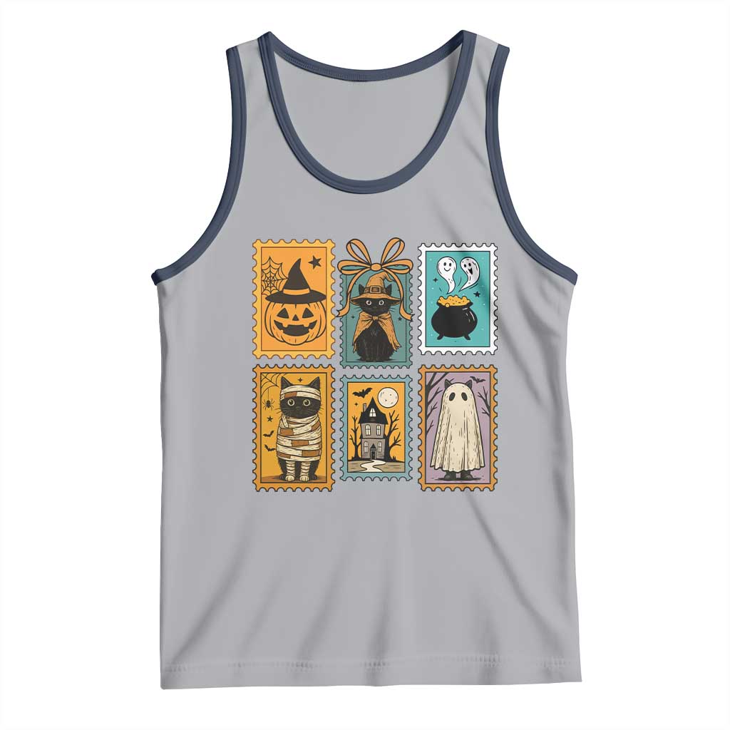 Black Cat Pumpkin Tank Top Retro Halloween Ghots Cat Stamp - Wonder Print Shop