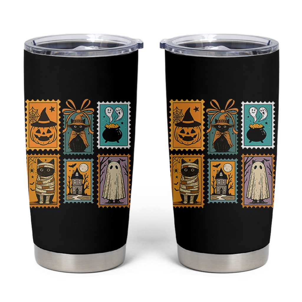 Black Cat Pumpkin Tumbler Cup Retro Halloween Ghots Cat Stamp - Wonder Print Shop