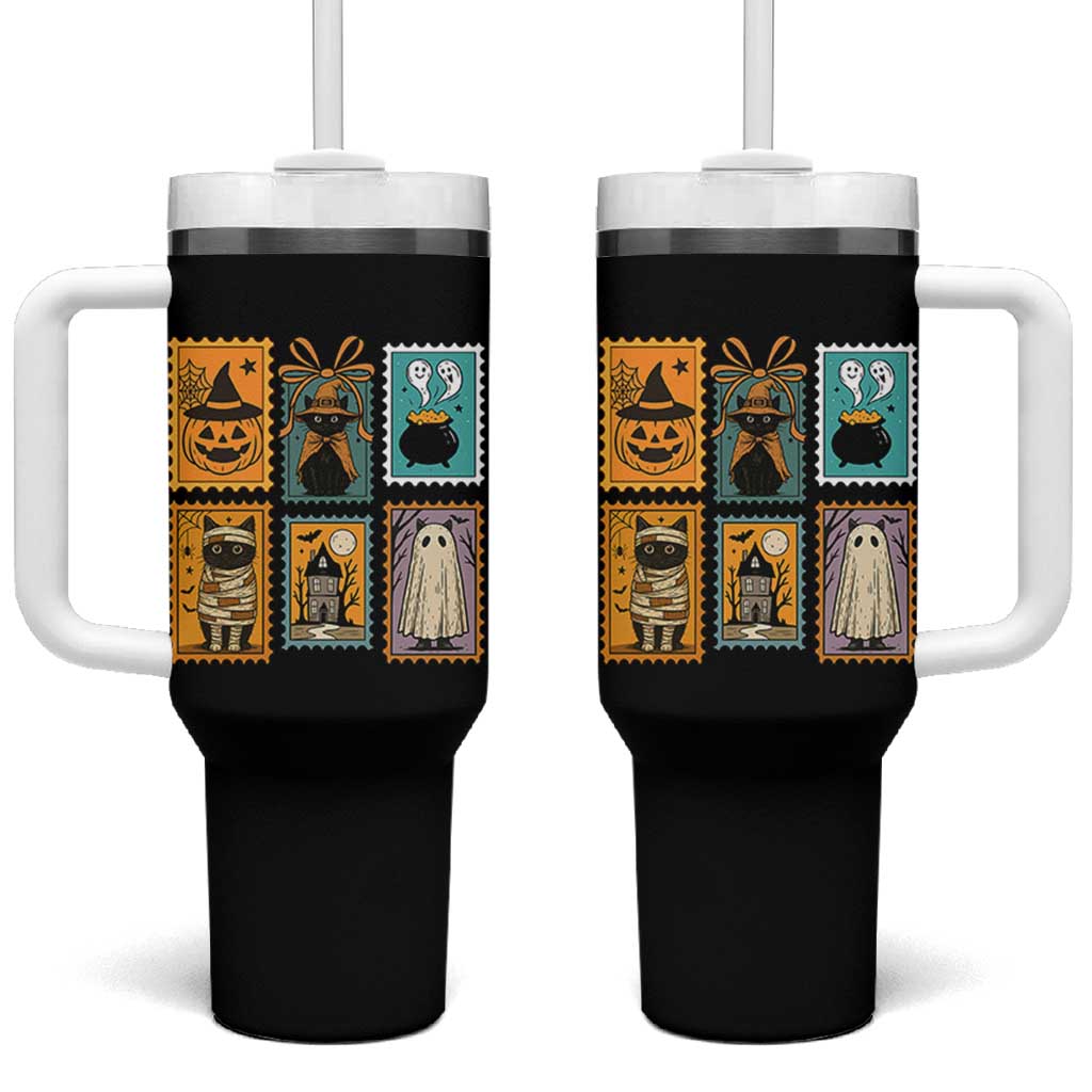 Black Cat Pumpkin Tumbler With Handle Retro Halloween Ghots Cat Stamp - Wonder Print Shop
