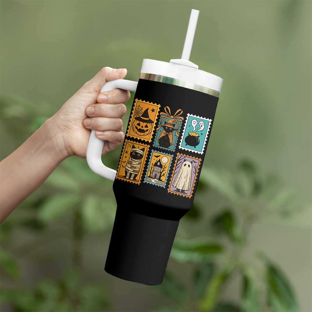 Black Cat Pumpkin Tumbler With Handle Retro Halloween Ghots Cat Stamp - Wonder Print Shop