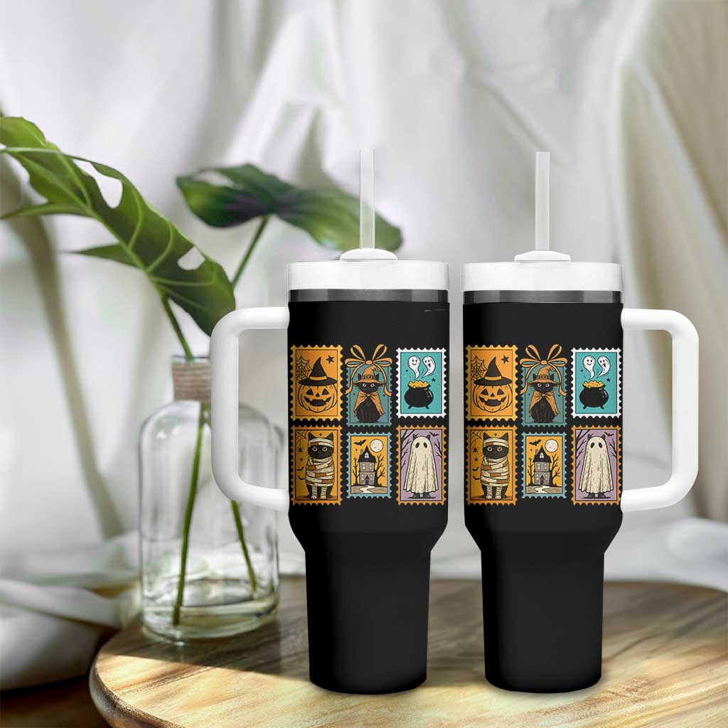 Black Cat Pumpkin Tumbler With Handle Retro Halloween Ghots Cat Stamp - Wonder Print Shop