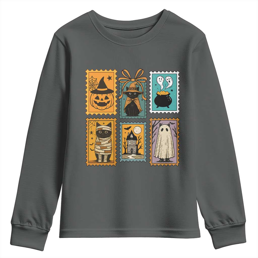 Black Cat Pumpkin Youth Sweatshirt Retro Halloween Ghots Cat Stamp - Wonder Print Shop