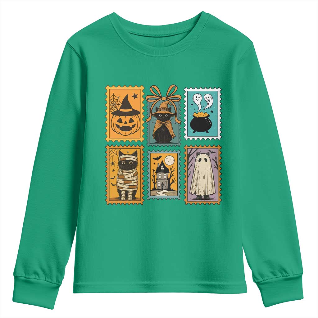 Black Cat Pumpkin Youth Sweatshirt Retro Halloween Ghots Cat Stamp - Wonder Print Shop