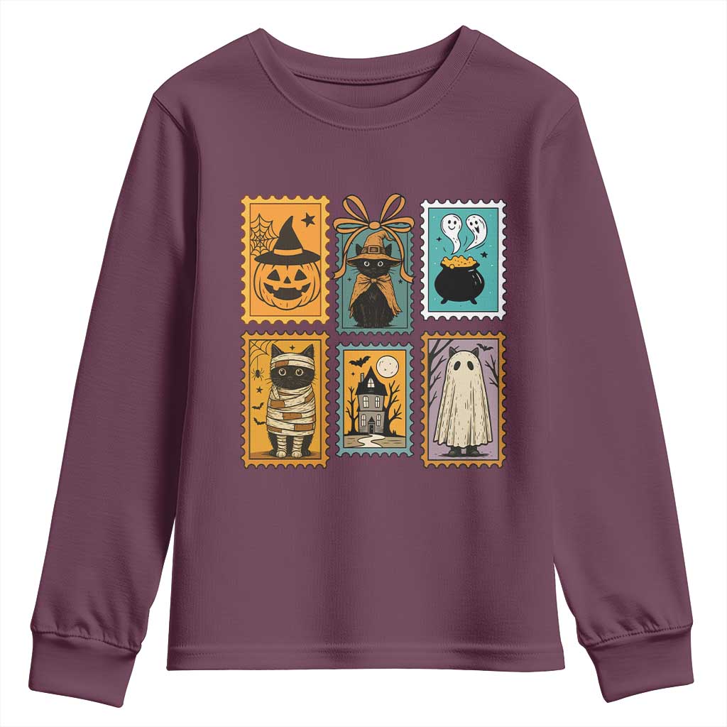 Black Cat Pumpkin Youth Sweatshirt Retro Halloween Ghots Cat Stamp - Wonder Print Shop