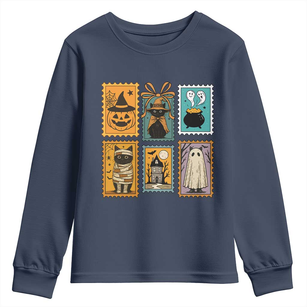 Black Cat Pumpkin Youth Sweatshirt Retro Halloween Ghots Cat Stamp - Wonder Print Shop