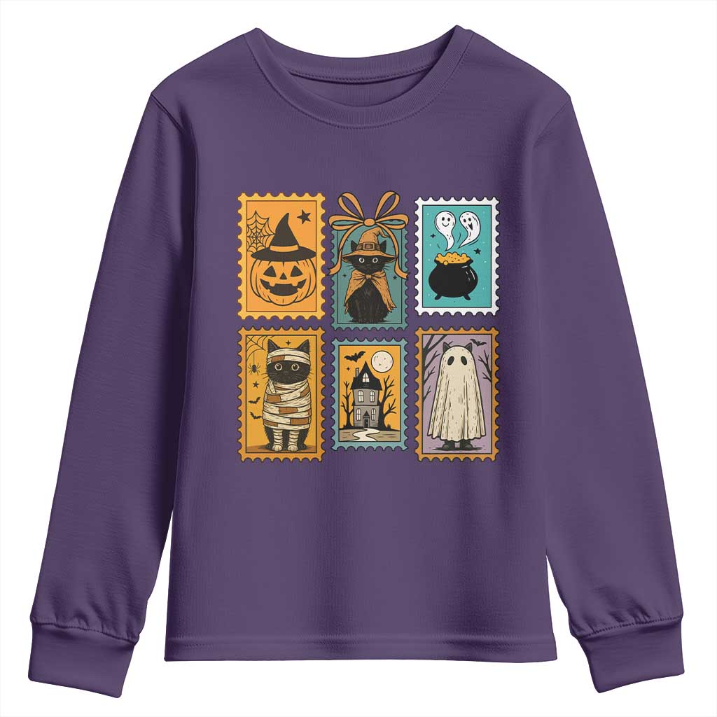 Black Cat Pumpkin Youth Sweatshirt Retro Halloween Ghots Cat Stamp - Wonder Print Shop