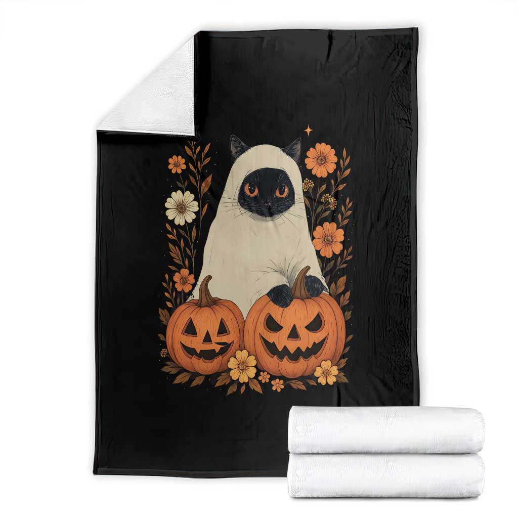 Vintage Halloween Ghost Cat Throw Blanket Groovy Floral Cute Black Cat Ghost Fall Pumpkin - Wonder Print Shop