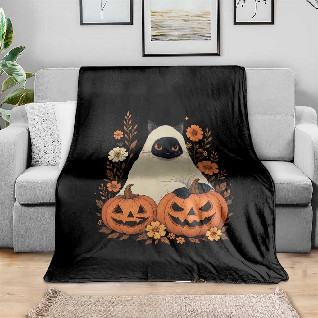 Vintage Halloween Ghost Cat Throw Blanket Groovy Floral Cute Black Cat Ghost Fall Pumpkin - Wonder Print Shop
