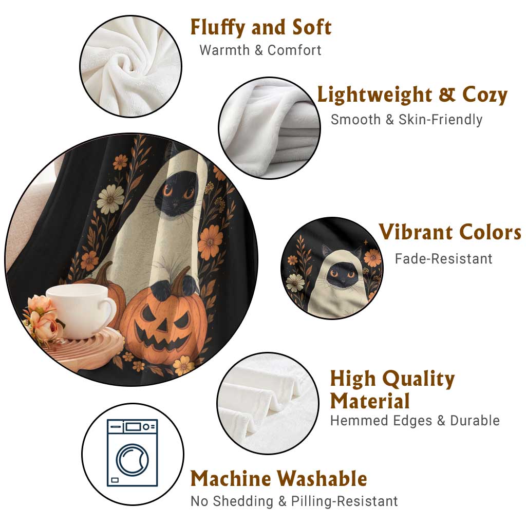 Vintage Halloween Ghost Cat Throw Blanket Groovy Floral Cute Black Cat Ghost Fall Pumpkin - Wonder Print Shop