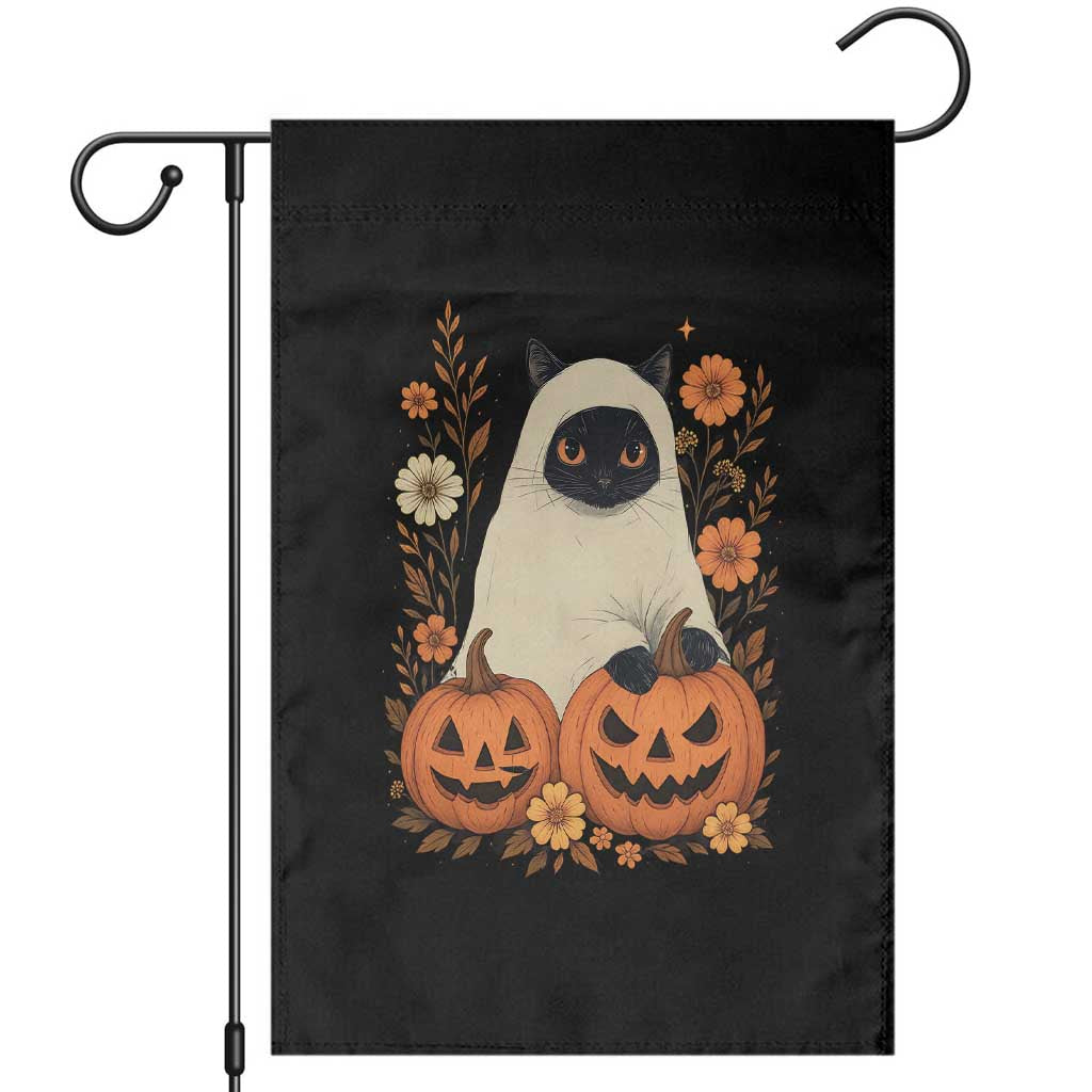 Vintage Halloween Ghost Cat Garden Flag Groovy Floral Cute Black Cat Ghost Fall Pumpkin - Wonder Print Shop