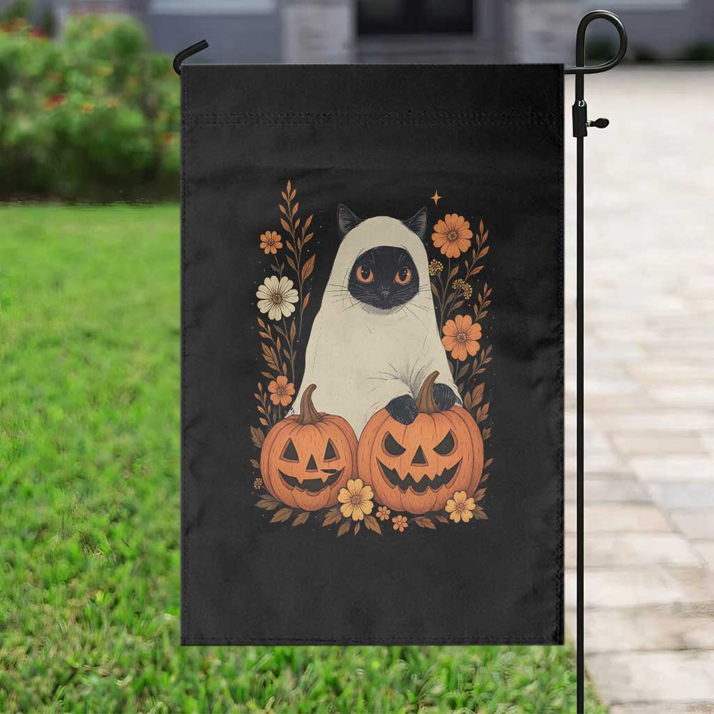 Vintage Halloween Ghost Cat Garden Flag Groovy Floral Cute Black Cat Ghost Fall Pumpkin - Wonder Print Shop