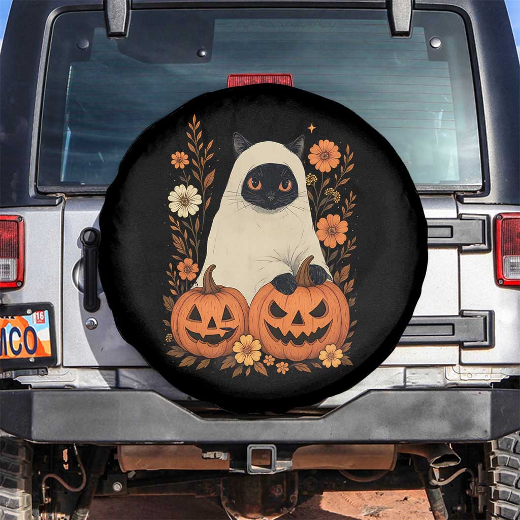 Vintage Halloween Ghost Cat Spare Tire Cover Groovy Floral Cute Black Cat Ghost Fall Pumpkin - Wonder Print Shop