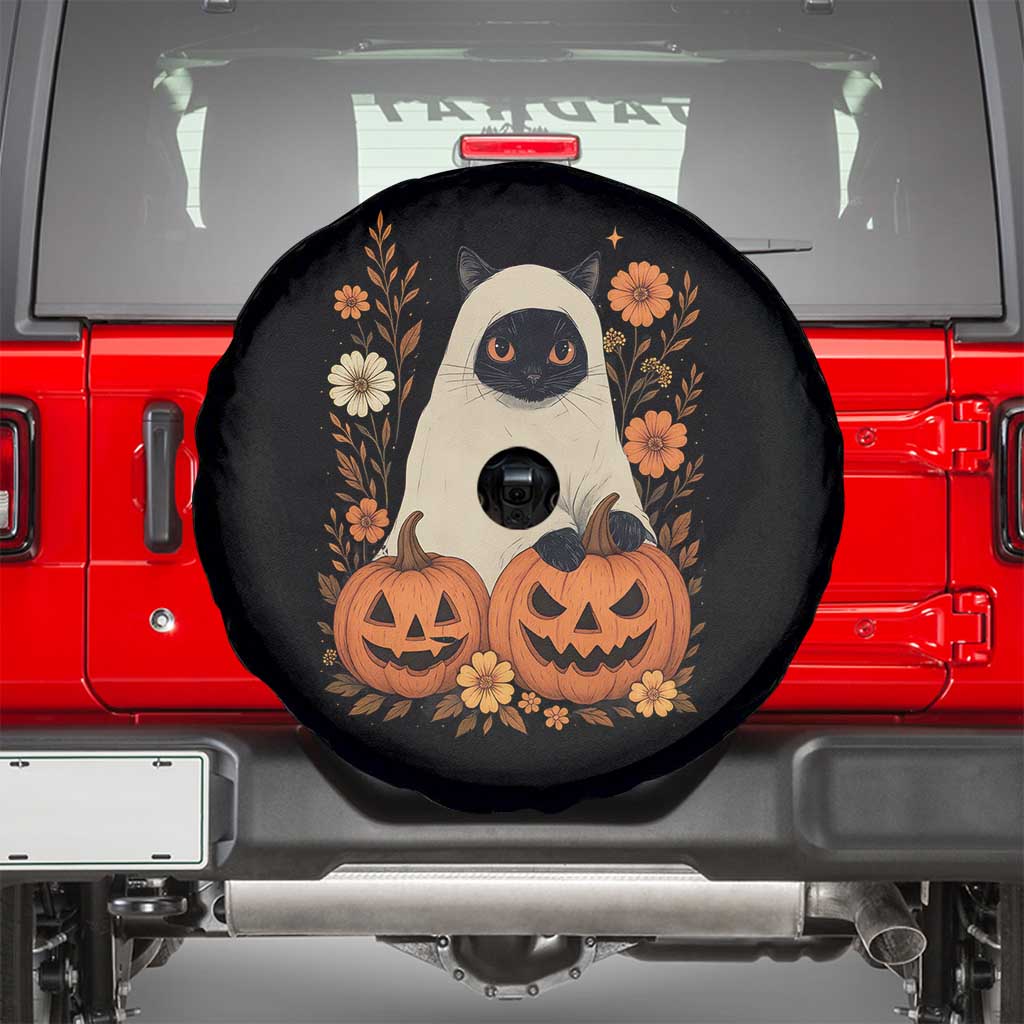 Vintage Halloween Ghost Cat Spare Tire Cover Groovy Floral Cute Black Cat Ghost Fall Pumpkin - Wonder Print Shop
