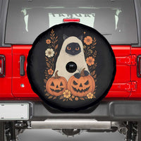 Vintage Halloween Ghost Cat Spare Tire Cover Groovy Floral Cute Black Cat Ghost Fall Pumpkin - Wonder Print Shop