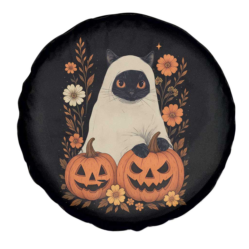 Vintage Halloween Ghost Cat Spare Tire Cover Groovy Floral Cute Black Cat Ghost Fall Pumpkin - Wonder Print Shop