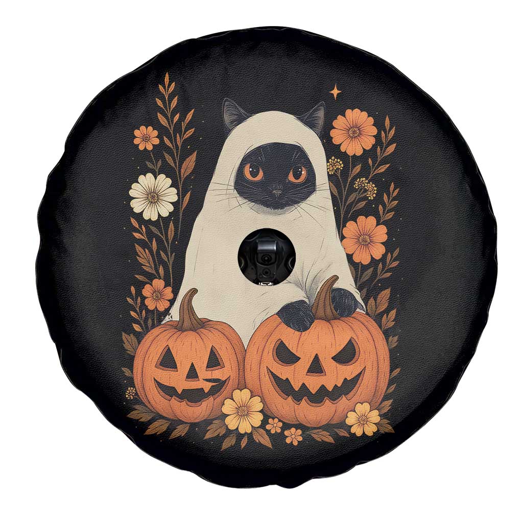 Vintage Halloween Ghost Cat Spare Tire Cover Groovy Floral Cute Black Cat Ghost Fall Pumpkin - Wonder Print Shop