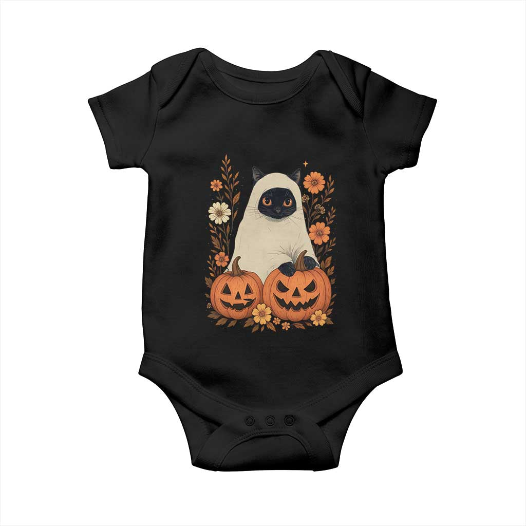 Vintage Halloween Ghost Cat Baby Onesie Groovy Floral Cute Black Cat Ghost Fall Pumpkin - Wonder Print Shop