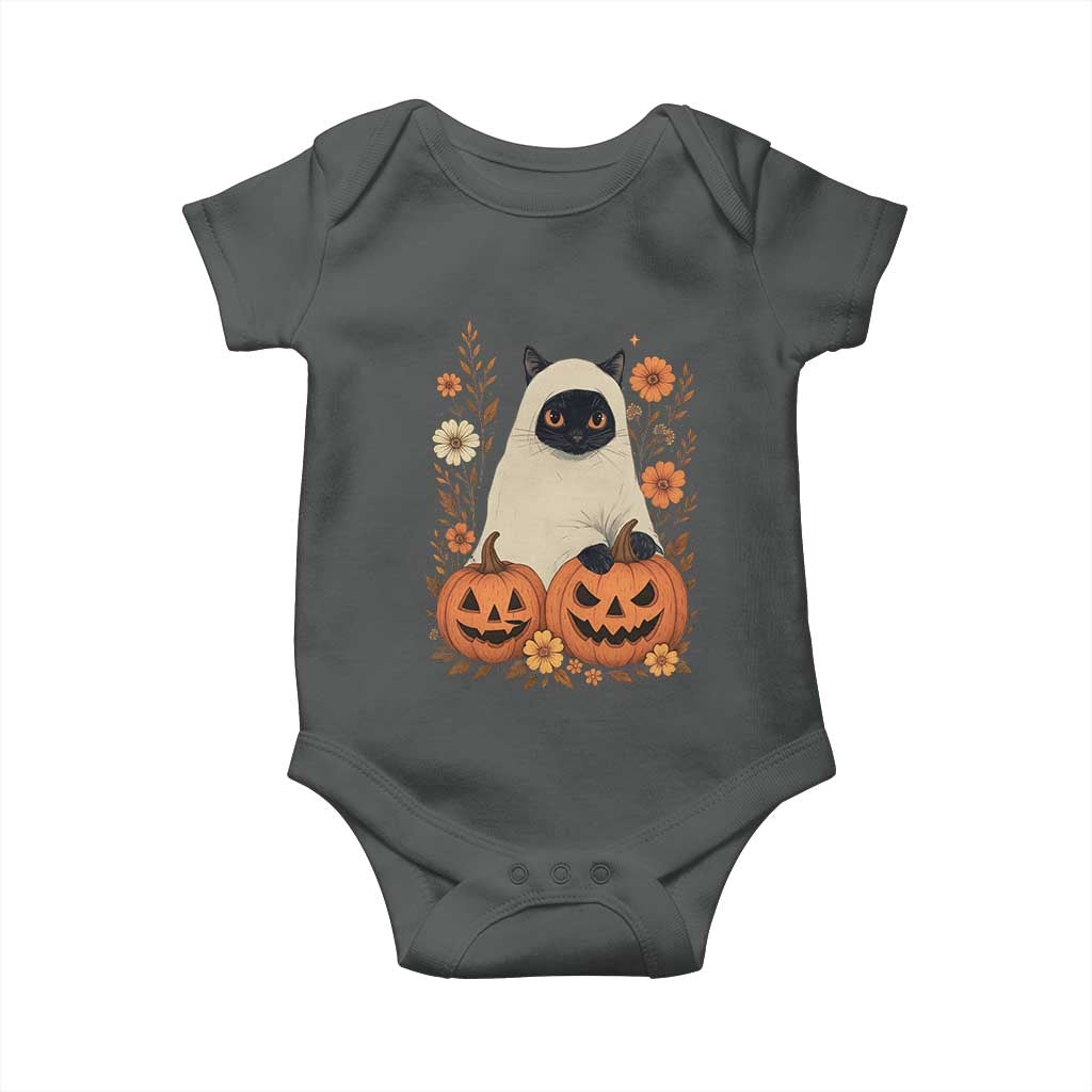 Vintage Halloween Ghost Cat Baby Onesie Groovy Floral Cute Black Cat Ghost Fall Pumpkin - Wonder Print Shop