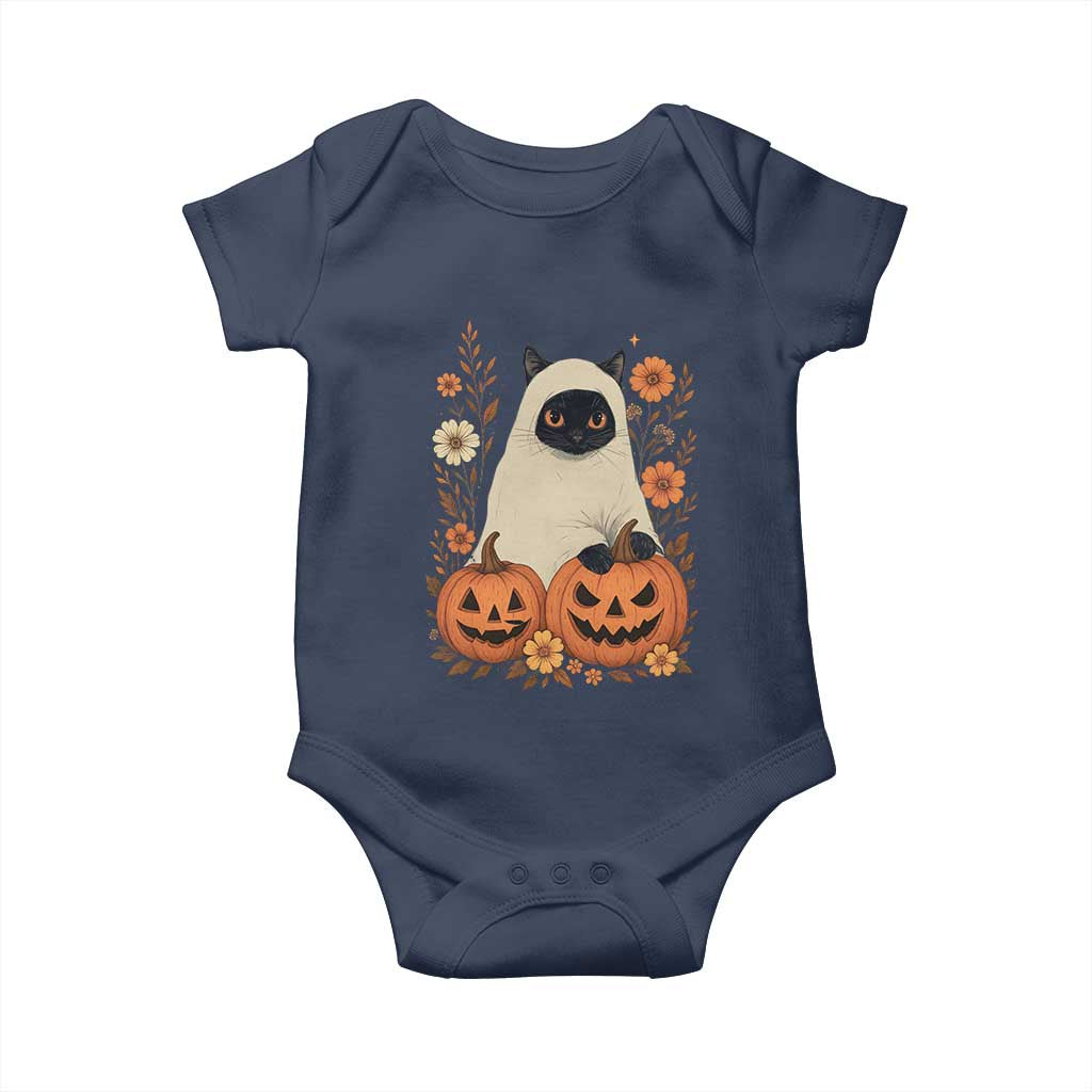 Vintage Halloween Ghost Cat Baby Onesie Groovy Floral Cute Black Cat Ghost Fall Pumpkin - Wonder Print Shop