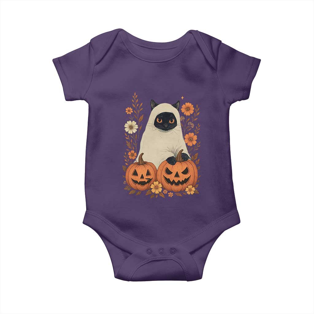 Vintage Halloween Ghost Cat Baby Onesie Groovy Floral Cute Black Cat Ghost Fall Pumpkin - Wonder Print Shop