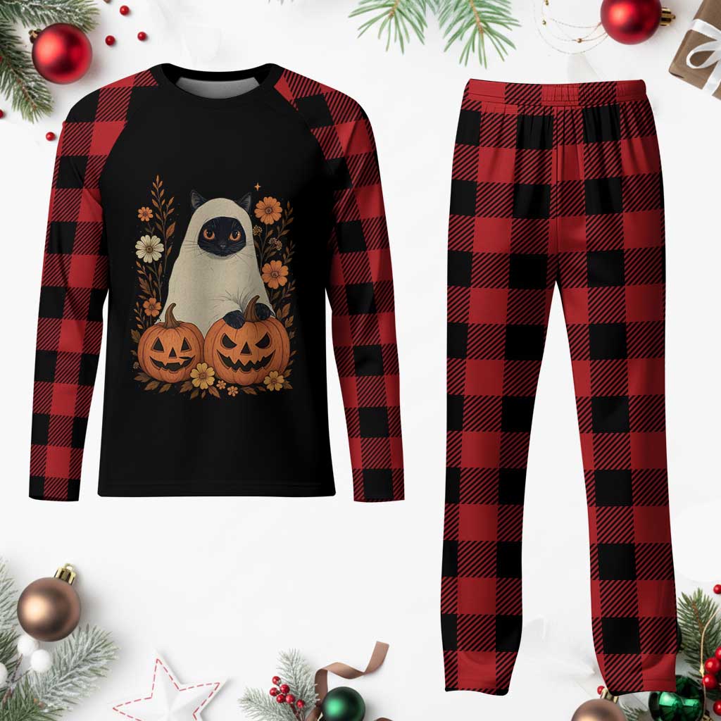 Vintage Halloween Ghost Cat Plaid Pajama Set Groovy Floral Cute Black Cat Ghost Fall Pumpkin - Wonder Print Shop