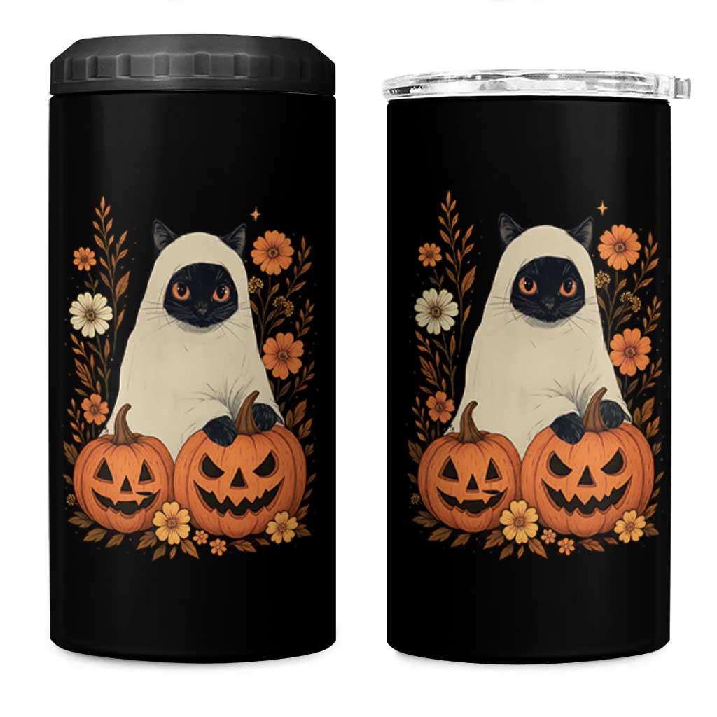 Vintage Halloween Ghost Cat 4 in 1 Can Cooler Tumbler Groovy Floral Cute Black Cat Ghost Fall Pumpkin - Wonder Print Shop
