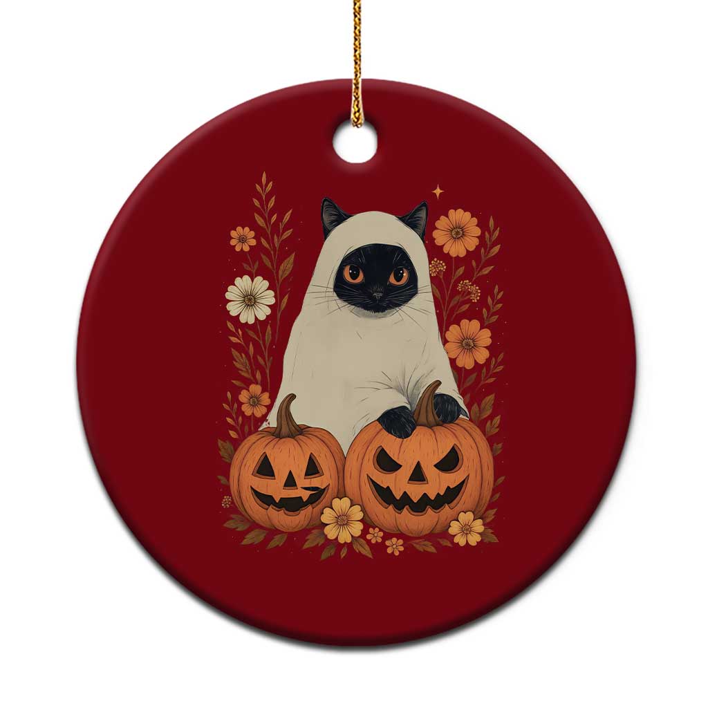 Vintage Halloween Ghost Cat Ceramic Ornament Groovy Floral Cute Black Cat Ghost Fall Pumpkin - Wonder Print Shop
