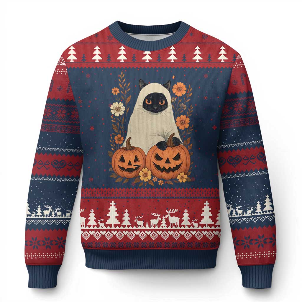 Vintage Halloween Ghost Cat Ugly Christmas Sweater Groovy Floral Cute Black Cat Ghost Fall Pumpkin - Wonder Print Shop