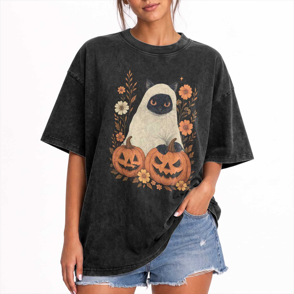 Vintage Halloween Ghost Cat Washed Cotton T-Shirt Groovy Floral Cute Black Cat Ghost Fall Pumpkin