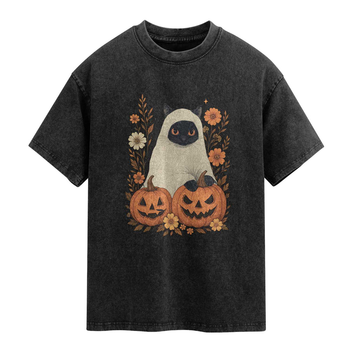Vintage Halloween Ghost Cat Washed Cotton T-Shirt Groovy Floral Cute Black Cat Ghost Fall Pumpkin
