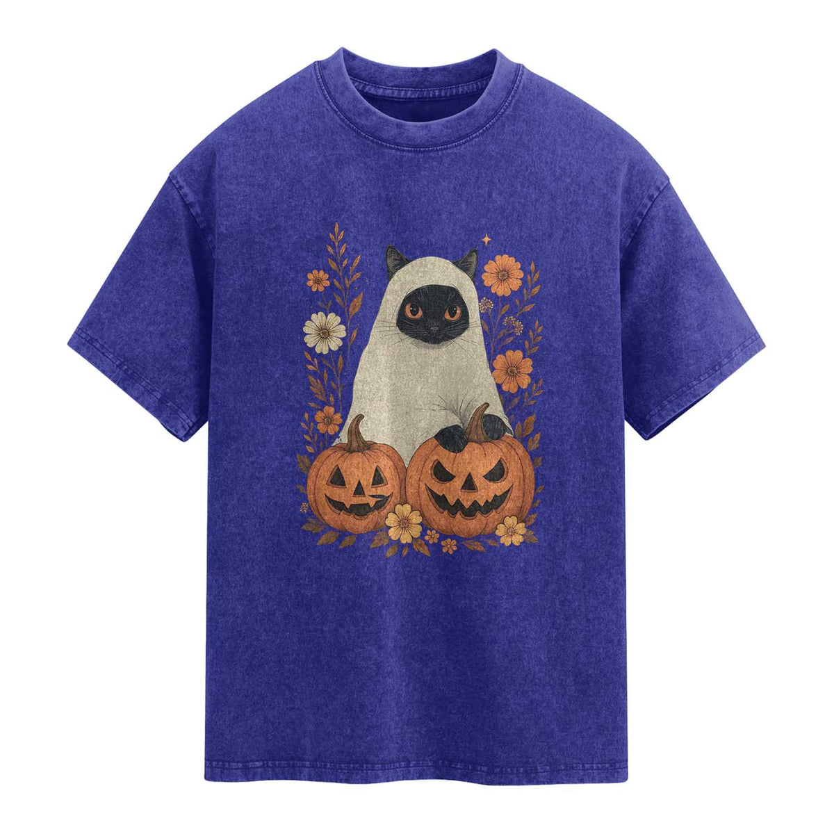 Vintage Halloween Ghost Cat Washed Cotton T-Shirt Groovy Floral Cute Black Cat Ghost Fall Pumpkin