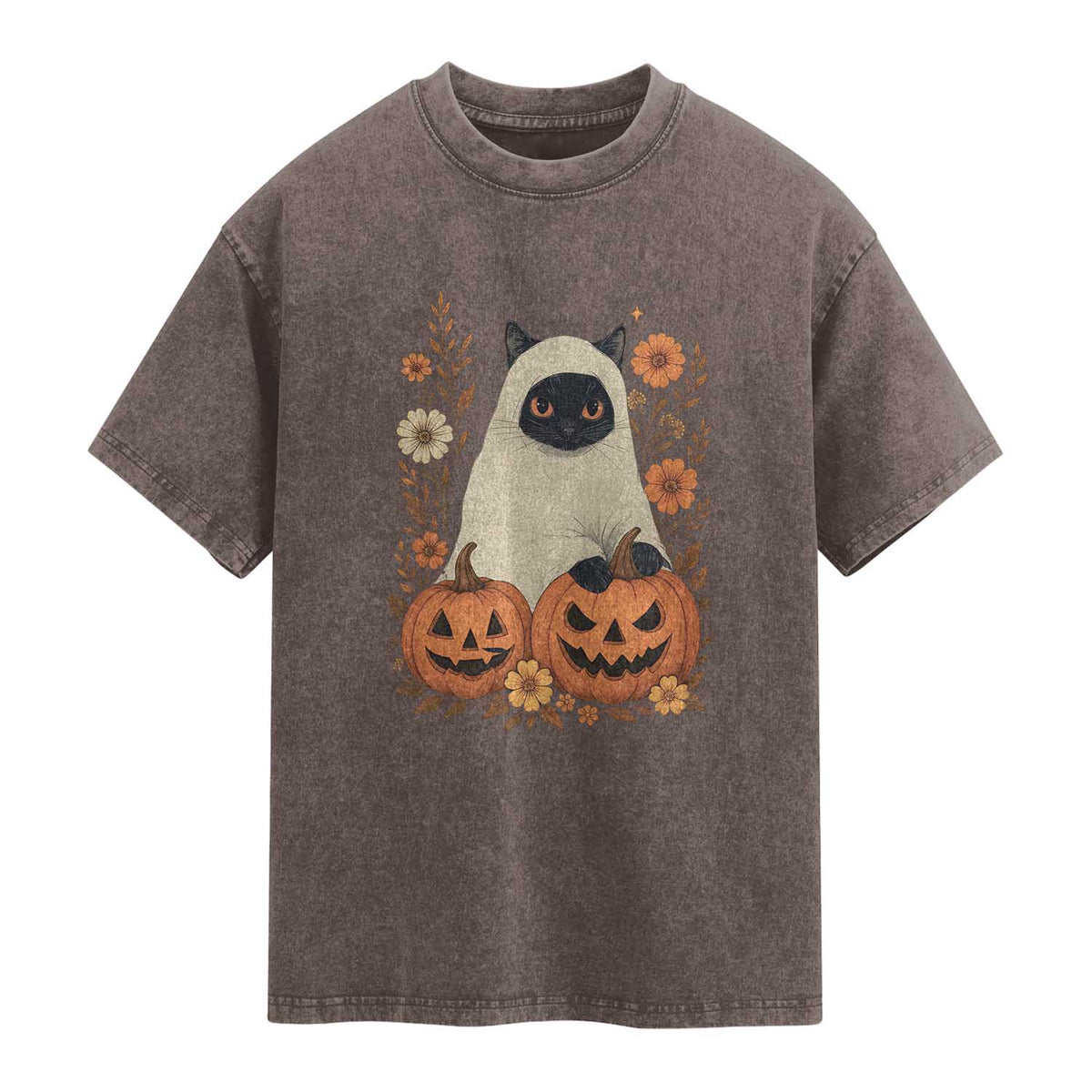 Vintage Halloween Ghost Cat Washed Cotton T-Shirt Groovy Floral Cute Black Cat Ghost Fall Pumpkin