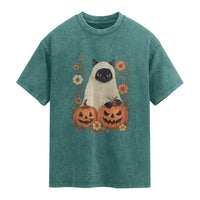 Vintage Halloween Ghost Cat Washed Cotton T-Shirt Groovy Floral Cute Black Cat Ghost Fall Pumpkin