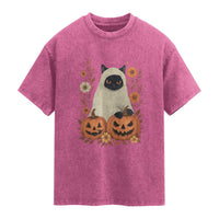 Vintage Halloween Ghost Cat Washed Cotton T-Shirt Groovy Floral Cute Black Cat Ghost Fall Pumpkin