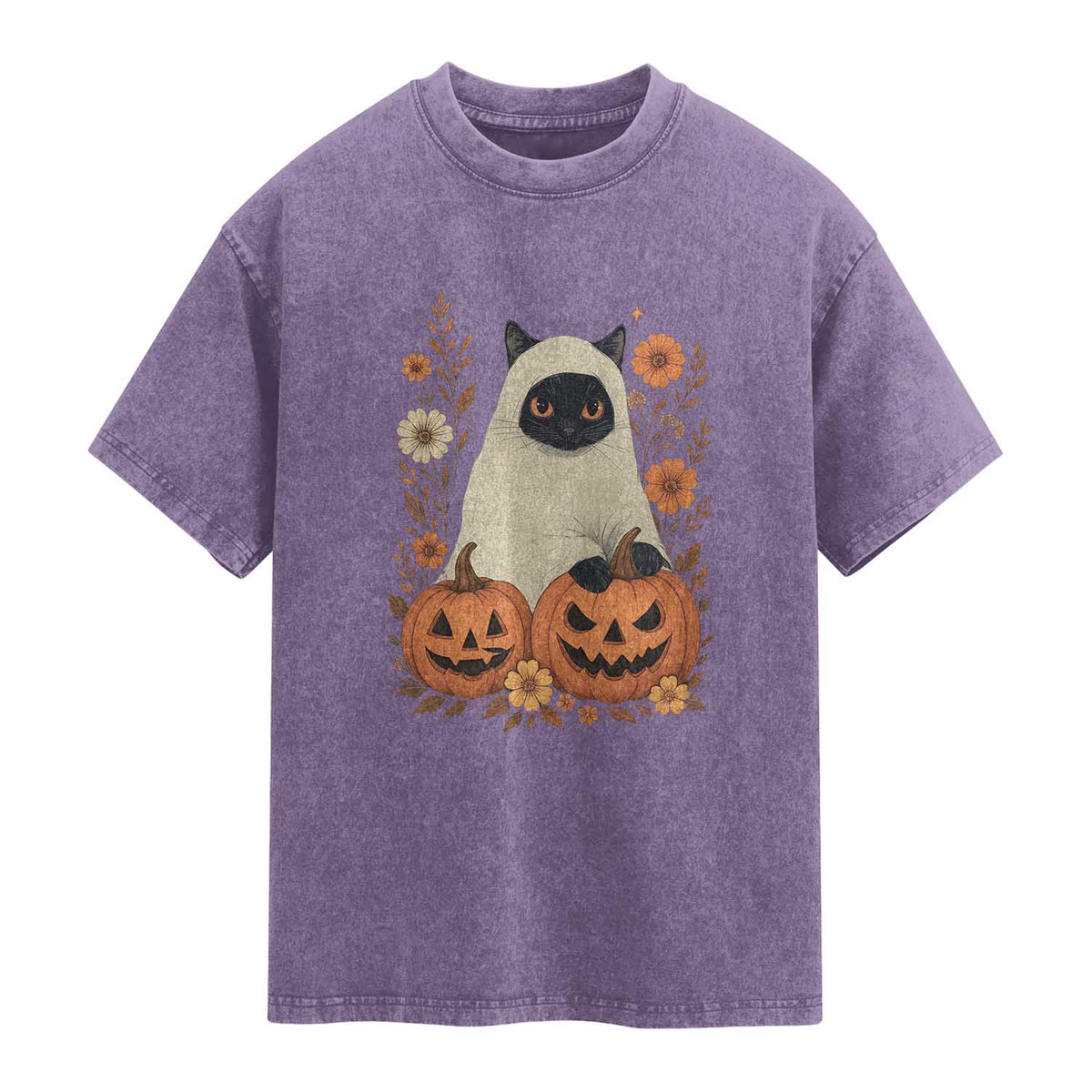 Vintage Halloween Ghost Cat Washed Cotton T-Shirt Groovy Floral Cute Black Cat Ghost Fall Pumpkin