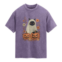 Vintage Halloween Ghost Cat Washed Cotton T-Shirt Groovy Floral Cute Black Cat Ghost Fall Pumpkin