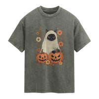 Vintage Halloween Ghost Cat Washed Cotton T-Shirt Groovy Floral Cute Black Cat Ghost Fall Pumpkin