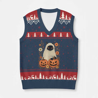 Vintage Halloween Ghost Cat V-Neck Knit Sweater Vest Groovy Floral Cute Black Cat Ghost Fall Pumpkin - Wonder Print Shop